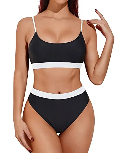 Neon - colored bikini to stand out on the beachFemale Curves Enhancing High Waisted Bikini Sporty Scoop Neck Swimsuits-Black And White