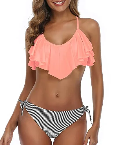 Monokini - style bikini with a unique one - piece - meets - bikini designTwo Side Ties Women Cross Back Bathing Suit-Coral Pink Stripe Monokini - style bikini with a unique one - piece - meets - bikini designTwo Side Ties Women Cross Back Bathing Suit-Coral Pink Stripe