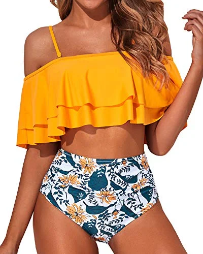 Tropical - themed bikini for a vacation - ready beach outfitFlattering Off Shoulder Two Piece Bathing Suit-Yellow Floral Tropical - themed bikini for a vacation - ready beach outfitFlattering Off Shoulder Two Piece Bathing Suit-Yellow Floral