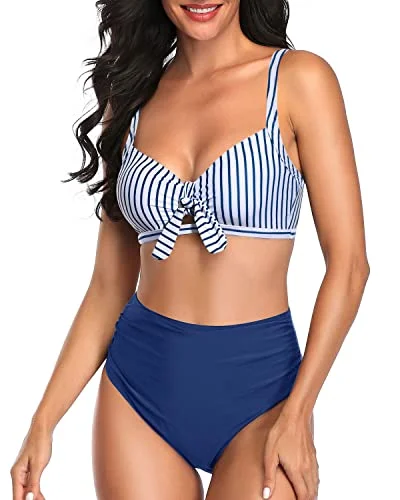High - performance bikini with quick - drying fabric for active swimmers2 Piece Stylish Keyhole Women High Waisted Bikini Set-Blue White Stripe High - performance bikini with quick - drying fabric for active swimmers2 Piece Stylish Keyhole Women High Waisted Bikini Set-Blue White Stripe