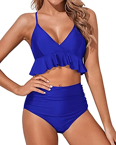 Floral - printed bikini for a feminine and colorful beach vibeFlattering High Waisted Two Piece Tummy Control Bikini For Women-Royal Blue Floral - printed bikini for a feminine and colorful beach vibeFlattering High Waisted Two Piece Tummy Control Bikini For Women-Royal Blue