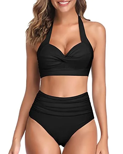 Ruched bikini with fabric gathers for a slimming effectWomen Two Piece Vintage Swimsuit Halter Ruched High Waist Bikini-Black