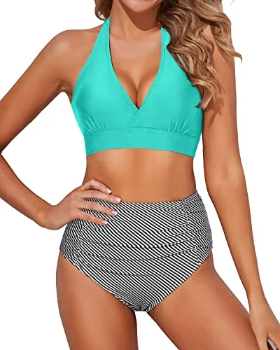 High - performance bikini with quick - drying fabric for active swimmersFlattering Two Piece Bikini Set High Waisted Bottoms 2 Piece Bikini Bathing Suits-Aqua Stripe High - performance bikini with quick - drying fabric for active swimmersFlattering Two Piece Bikini Set High Waisted Bottoms 2 Piece Bikini Bathing Suits-Aqua Stripe