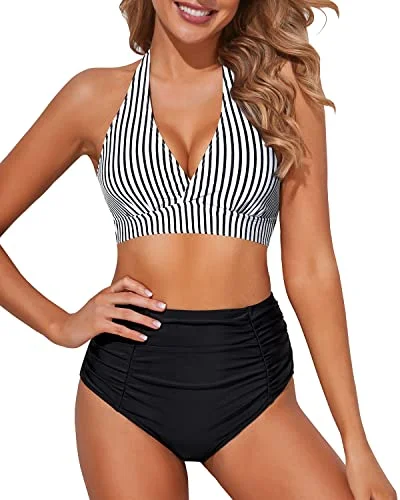 Sports bikini for high - intensity water activities like surfingSlimming Ruched Two Piece High Waisted Bikini Set-Black And White Stripe Sports bikini for high - intensity water activities like surfingSlimming Ruched Two Piece High Waisted Bikini Set-Black And White Stripe
