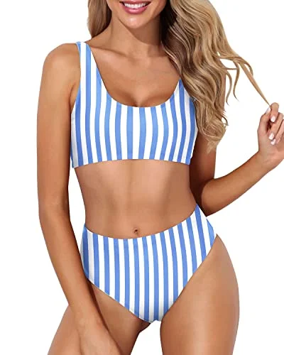 Long - line bikini top for added support and a fashionable lookScoop Neck Crop Top For Women Sports Two Piece Bikini For Women-Blue Stripes Long - line bikini top for added support and a fashionable lookScoop Neck Crop Top For Women Sports Two Piece Bikini For Women-Blue Stripes